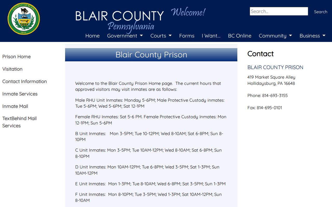 Blair County Prison official custody-record contact page