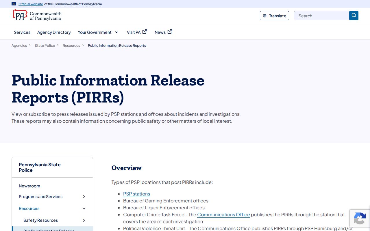 Blair County Pennsylvania State Police incident-release search source